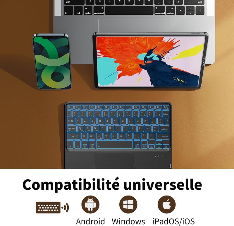 CACOE Bluetooth Billentyűzet Touchpad-dal, Vezeték Nélküli, 7 Szín Háttérvilágítás, Francia Billentyűzet, iOS Android Windows Tablet