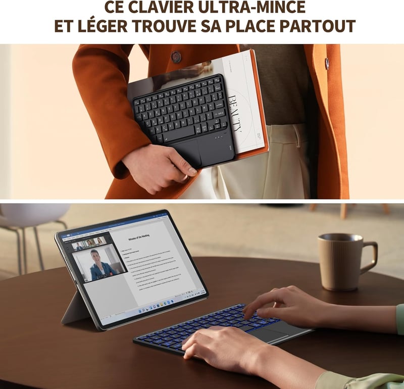 CACOE Bluetooth Billentyűzet Touchpad-dal, Vezeték Nélküli, 7 Szín Háttérvilágítás, Francia Billentyűzet, iOS Android Windows Tablet
