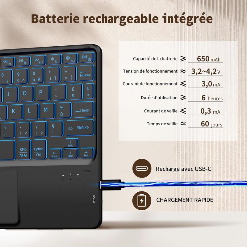 CACOE Bluetooth Billentyűzet Touchpad-dal, Vezeték Nélküli, 7 Szín Háttérvilágítás, Francia Billentyűzet, iOS Android Windows Tablet
