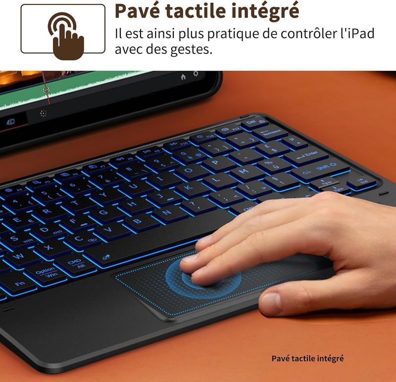 CACOE Bluetooth Billentyűzet Touchpad-dal, Vezeték Nélküli, 7 Szín Háttérvilágítás, Francia Billentyűzet, iOS Android Windows Tablet