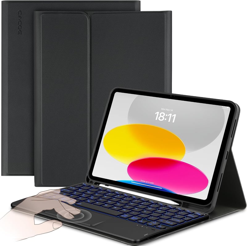 CACOE iPad 10 Billentyűzet Tok 10.9" Érintőpaddal, 7 Szín Világítás, Vezeték Nélküli QWERTY