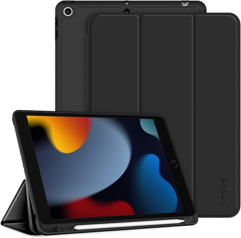 CACOE iPad 10.2 (7/8/9. gen) ultravékony TPU tok ceruzatartóval és állvánnyal - fekete