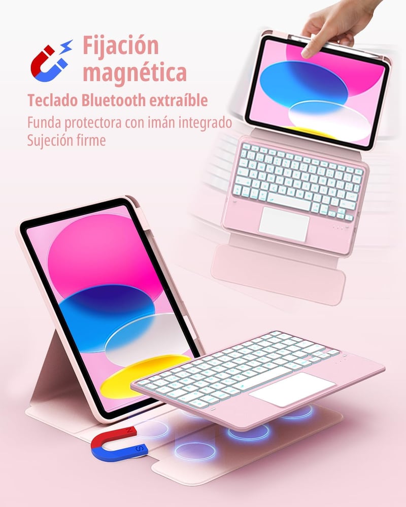 CACOE iPad A16 11/10 10.9 2025/2022 tok billentyűzettel spanyol vezeték nélküli billentyűzettel touchpaddal 7 színű háttérvilágítással 360 f