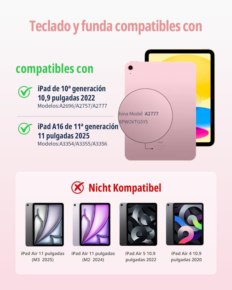 CACOE iPad A16 11/10 10.9 2025/2022 tok billentyűzettel spanyol vezeték nélküli billentyűzettel touchpaddal 7 színű háttérvilágítással 360 f