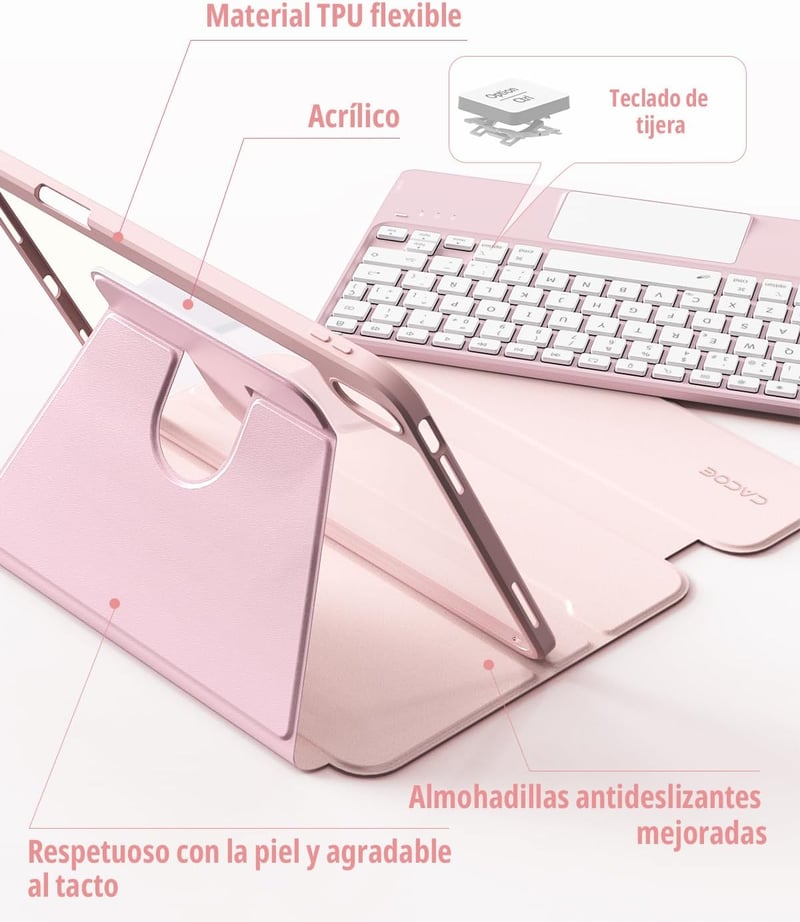 CACOE iPad A16 11/10 10.9 2025/2022 tok billentyűzettel spanyol vezeték nélküli billentyűzettel touchpaddal 7 színű háttérvilágítással 360 f