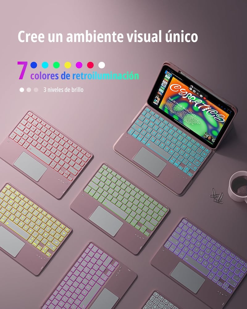 CACOE iPad A16 11/10 10.9 2025/2022 tok billentyűzettel spanyol vezeték nélküli billentyűzettel touchpaddal 7 színű háttérvilágítással 360 f