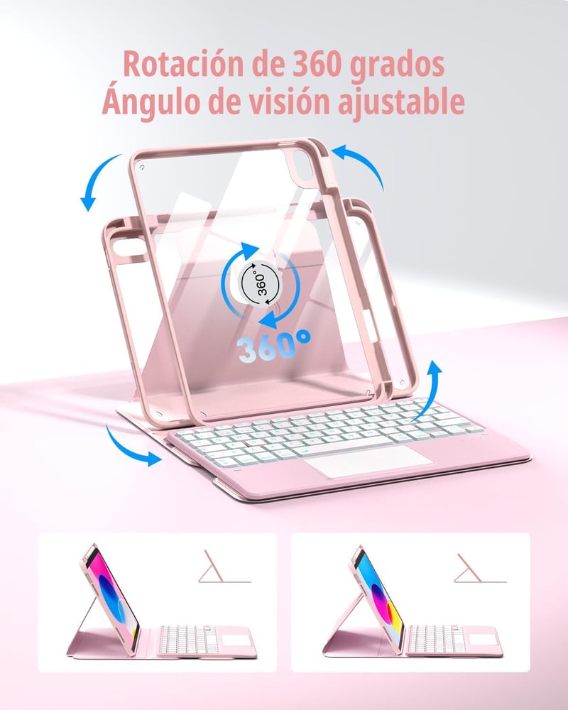 CACOE iPad A16 11/10 10.9 2025/2022 tok billentyűzettel spanyol vezeték nélküli billentyűzettel touchpaddal 7 színű háttérvilágítással 360 f
