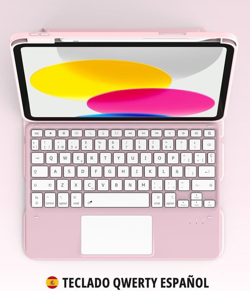 CACOE iPad A16 11/10 10.9 2025/2022 tok billentyűzettel spanyol vezeték nélküli billentyűzettel touchpaddal 7 színű háttérvilágítással 360 f