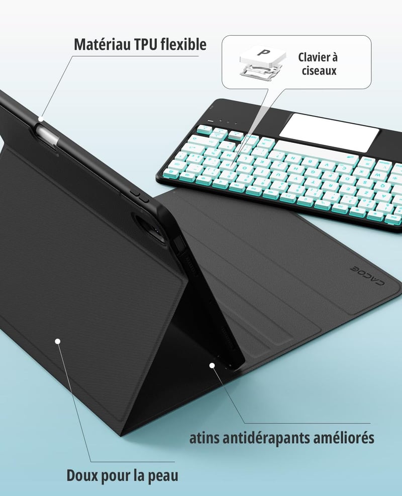 CACOE iPad Air 11 hüvely billentyűzettel, 7 szín LED, eltávolítható wireless