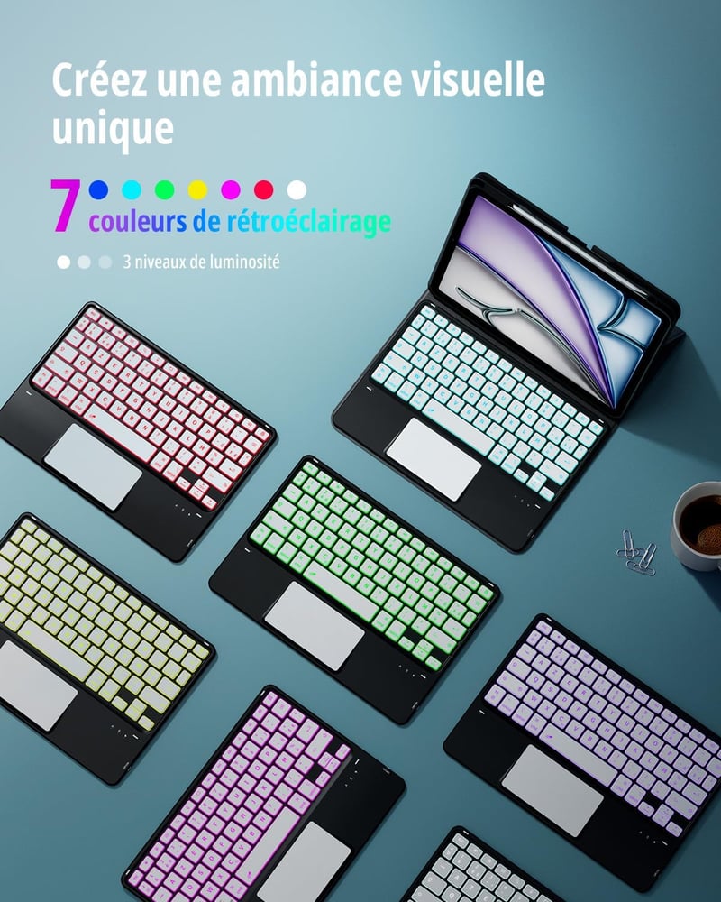CACOE iPad Air 11 hüvely billentyűzettel, 7 szín LED, eltávolítható wireless
