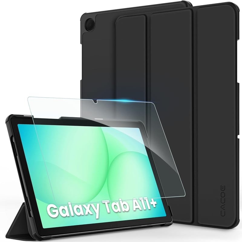 CACOE Samsung Galaxy Tab A11+ / A9+ 11" Tok Képernyővédővel, Állvánnyal és Auto Sleep/Wake Funkcióval, Fekete - black