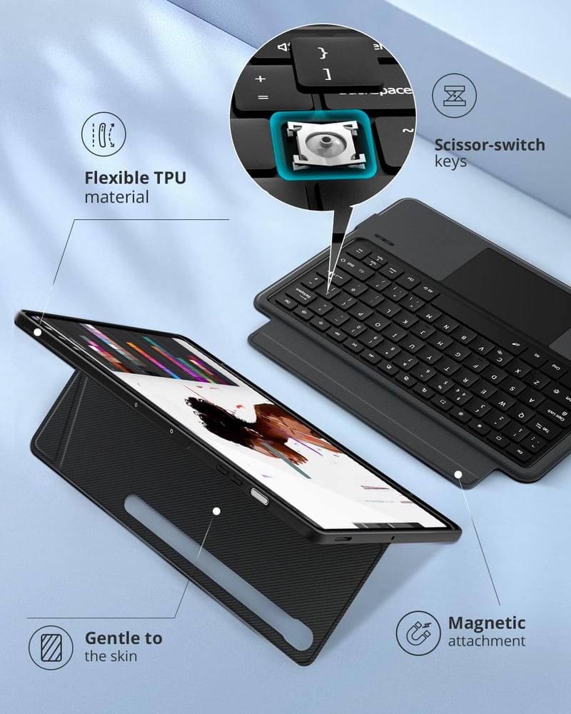 CACOE Samsung Galaxy Tab S10 FE+ billentyűzetes tok, leválasztható háttérvilágítás, touchpad, fekete