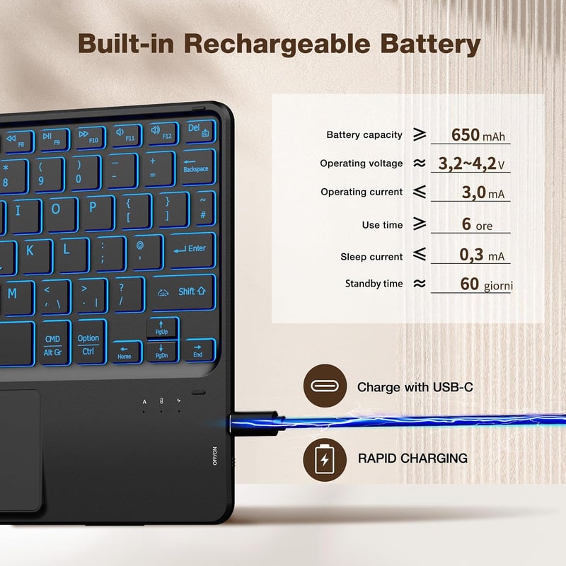 CACOE Wireless Billentyűzet Touchpad-dal, 7 Szín Háttérvilágítás, iPad/Tablet