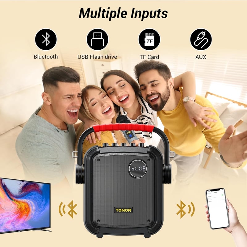 TONOR K7 Hordozható Bluetooth Karaoke Hangszóró 2 Vezeték Nélküli Mikrofonnal - Parti Hangrendszer USB/TF/AUX Csatlakozással, 9 Órás Üzemidő