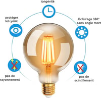 EXTRASTAR G80 Edison Vintage LED Izzó, 2db, 6W, E27, Meleg Fehér 2200K, 48W Egyenértékű, Retro Antik Dekorációs Lámpa 3