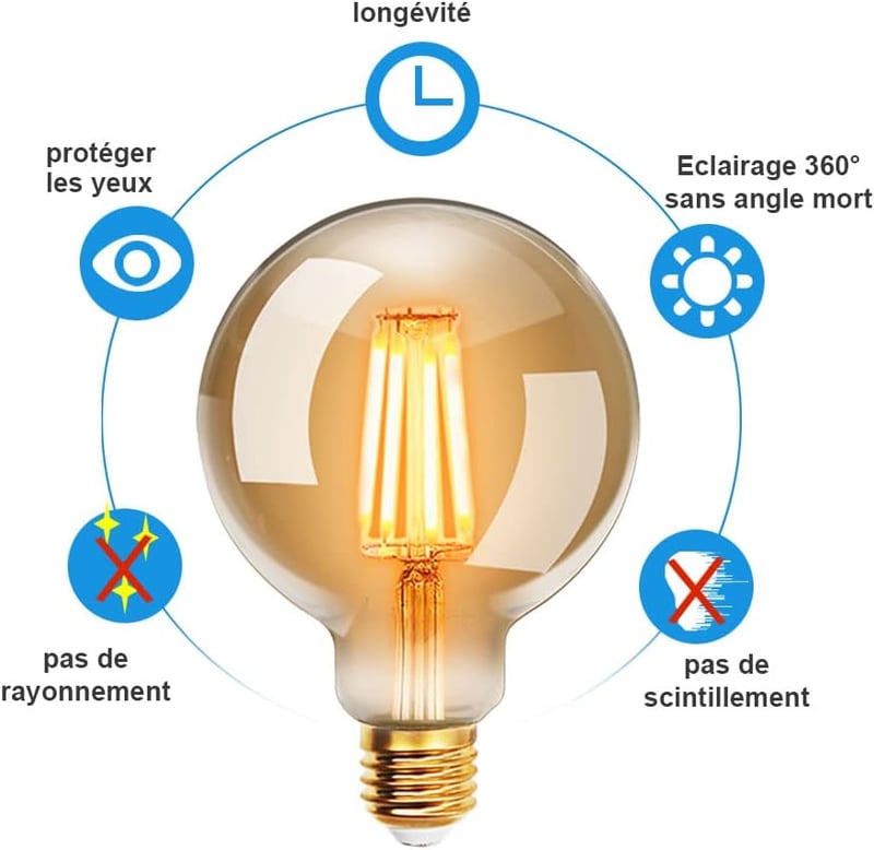 EXTRASTAR G80 Edison Vintage LED Izzó, 2db, 6W, E27, Meleg Fehér 2200K, 48W Egyenértékű, Retro Antik Dekorációs Lámpa