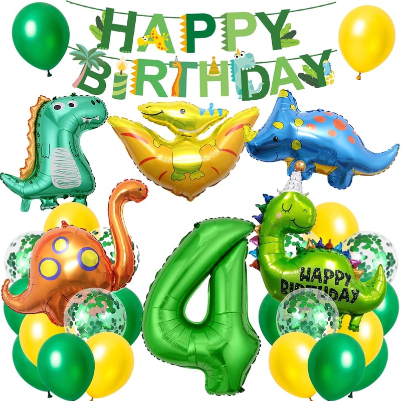 Cadimus XXL narodeninová dekorácia s dinosaurami pre 4-ročných chlapcov, 81 cm fóliový balón dino 4 zelený, nápis Happy Birthday, dinosauria párty pre deti