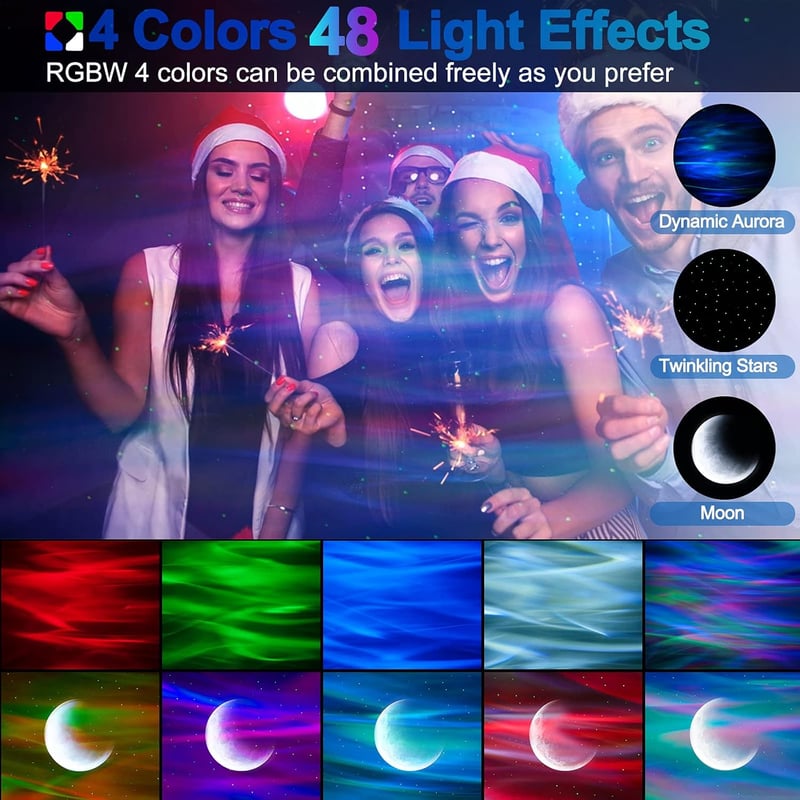 Cadrim Csillagos Égbolt Projektor LED Éjszakai Fény Bluetooth Hangszóróval - Északi Fény Lámpa Távirányítóval Gyerekszobába, Partikra