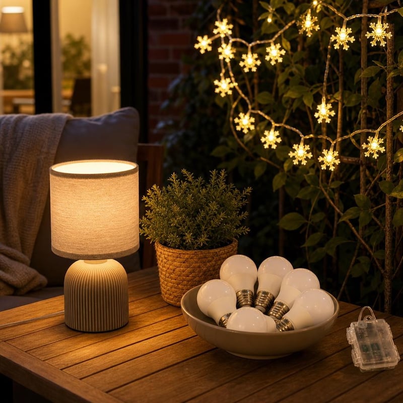 Zlatistá večerná atmosféra: 6x LED žiarovka + textilná lampa + 6m svetelná reťaz snehové vločky