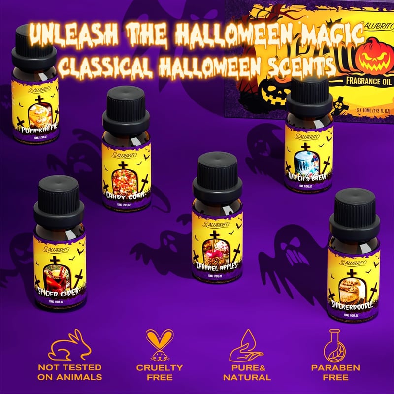 Salubrito Halloween Illóolaj Készlet - 6 Őszi Aroma Diffúzorba: Tökös Süti, Fűszeres Almabor, Karamellás Alma, Csemege Kukorica, Boszorkány 