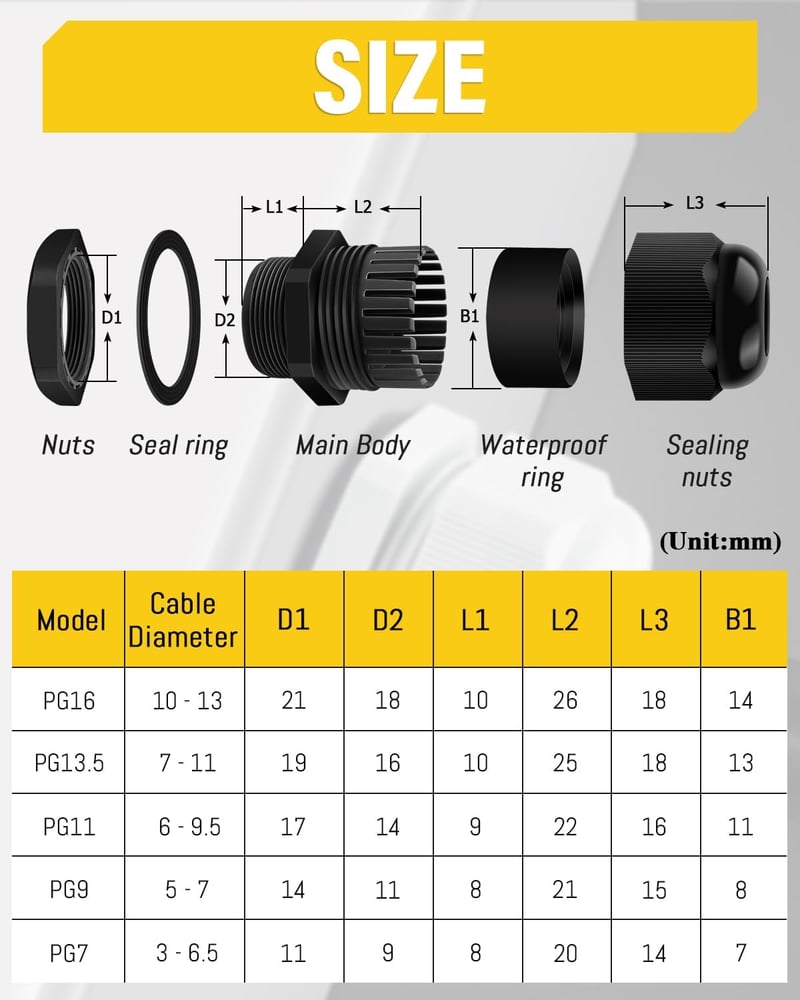 Caianwin 50 db kábelvezető szett IP68 PG7-PG16 fekete vízálló