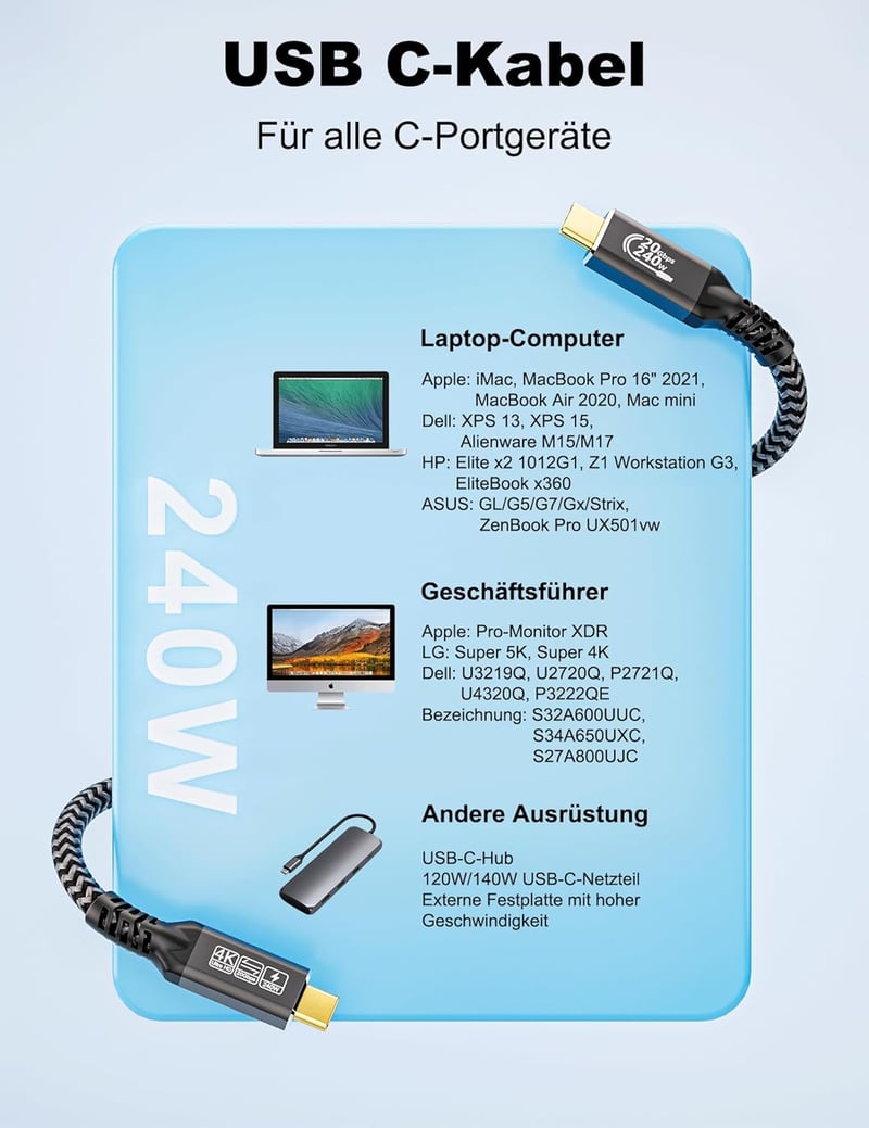 CAKOBLE USB-C kábel 2m 240W, 4K@60Hz, Thunderbolt 4/3 kompatibilis iPhone 15 MacBook Samsung