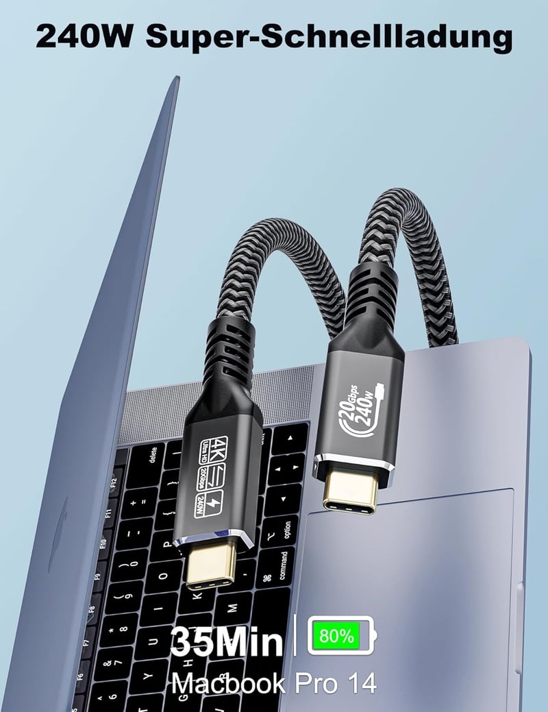 CAKOBLE USB-C kábel 2m 240W, 4K@60Hz, Thunderbolt 4/3 kompatibilis iPhone 15 MacBook Samsung