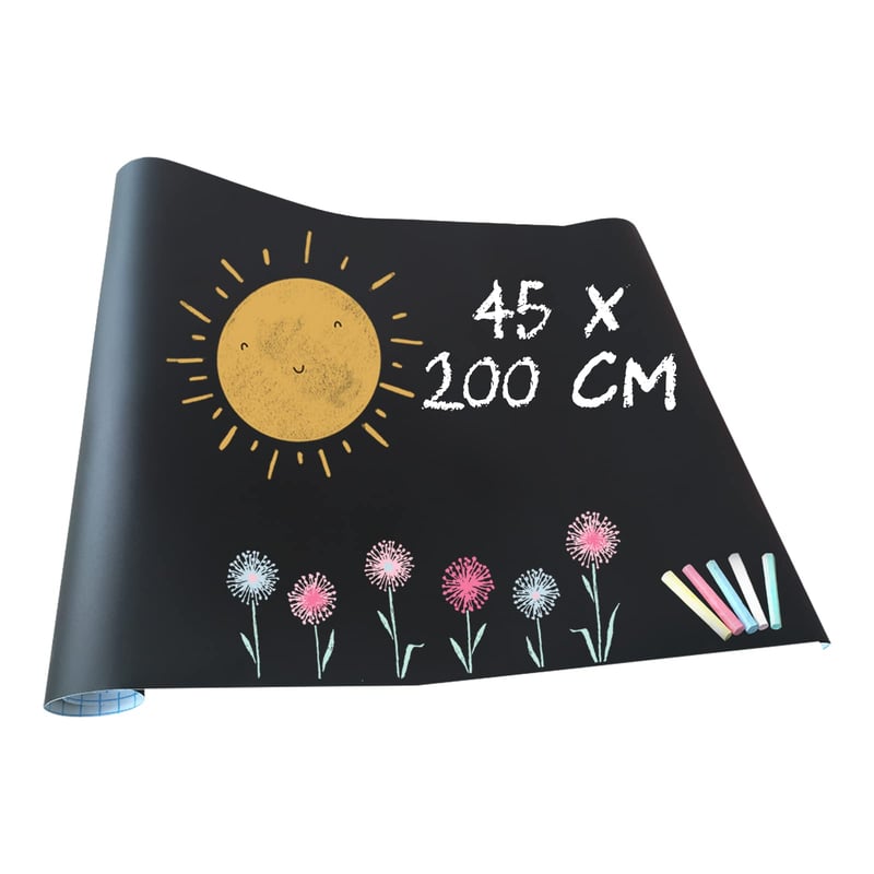 Folie tablă autoadezivă Calaisco 200x45 cm, suprafață pentru cretă, include 5 crete colorate, folie tablă școlară cu lipire pe perete