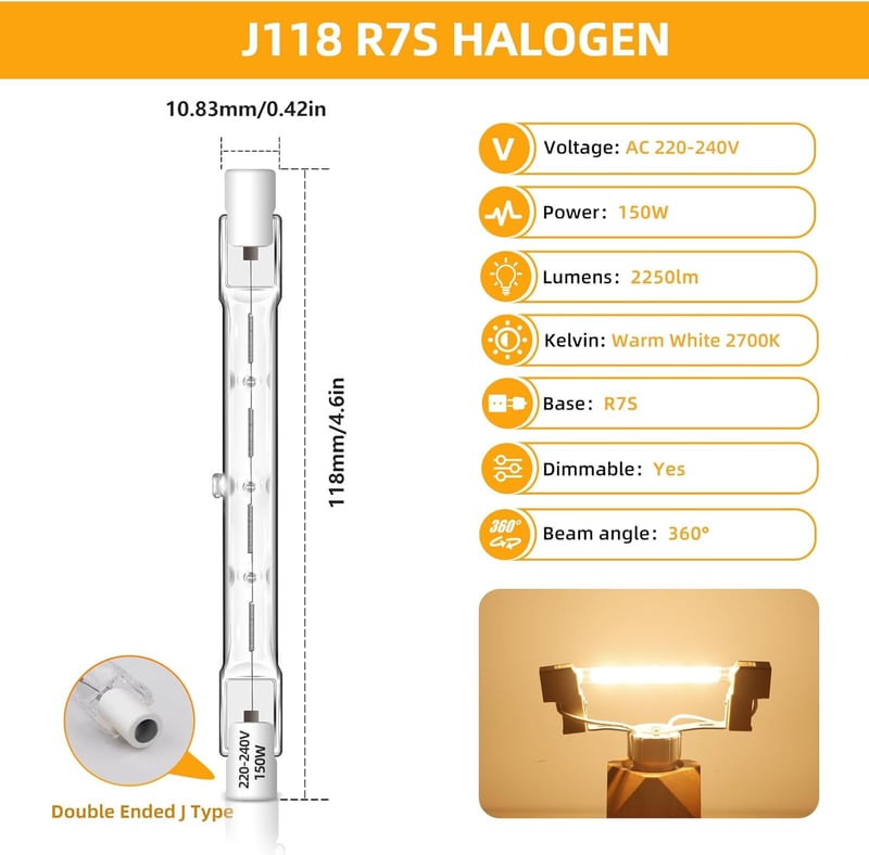 Caldarax R7S 118mm 150W halogén izzó 6db szett, 2700K meleg fehér