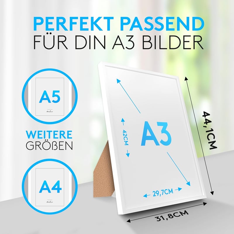 Calias A3 fehér fa képkeret 2db plexi üveggel állvánnyal és fali tartóval