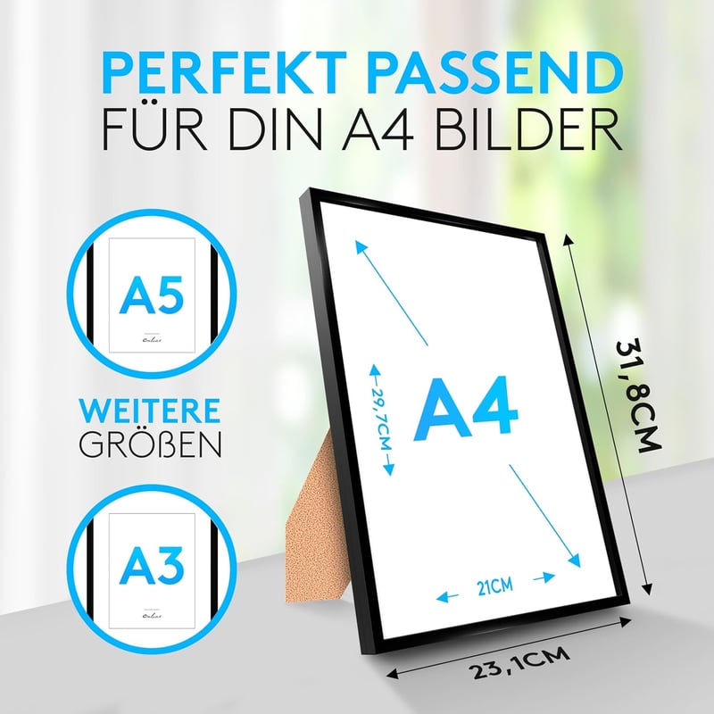 Calias A4 Fekete Fa Képkeret Szett 2db - Törhetetlen Plexi Üveggel, Állvánnyal és Akasztóval - EU Gyártású Minőségi Fotókeret Falra és Aszta