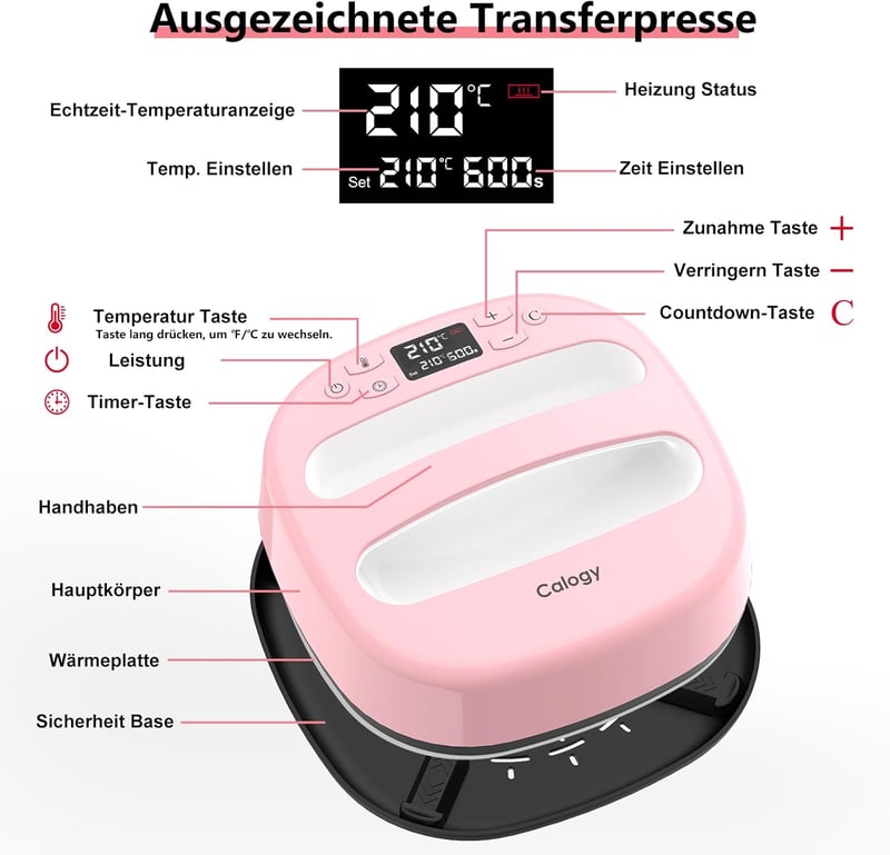 Calogy Hőprés Gép 25,4x25,4 cm - 1300W Pólónyomtató Készülék 210°C Gyors Felfűtéssel, Időzítővel - Ruhákhoz, Táskákhoz, HTV Vinyl Szublimáci
