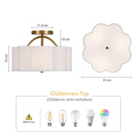 Plafonieră cu 3 becuri CALOKES, 30 cm, cu abajur textil în formă de floare, crem, și braț auriu – pentru dormitor, bucătărie, sufragerie, hol 3