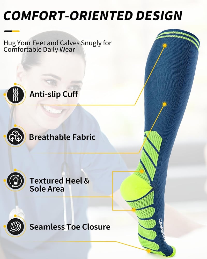 CAMBIVO 3 pár kompressziós zokni férfiaknak és nőknek, utazáshoz, futáshoz, repüléshez - L - XL, blue/green