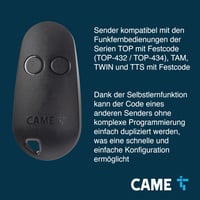 Dvojkanálový čierny diaľkový ovládač CAME TOP42FGN s pevným kódom, funkciou samoprogramovania, 433,92 MHz, pre modely CAME 7