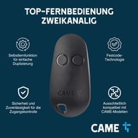 Dvojkanálový čierny diaľkový ovládač CAME TOP42FGN s pevným kódom, funkciou samoprogramovania, 433,92 MHz, pre modely CAME 3