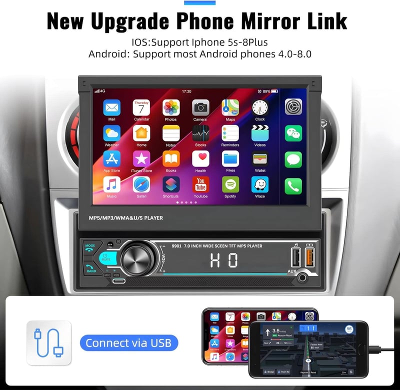 CAMECHO 1 DIN autórádió 7" kijelzővel, Bluetooth, Type-C, USB, TF, FM, visszakamera