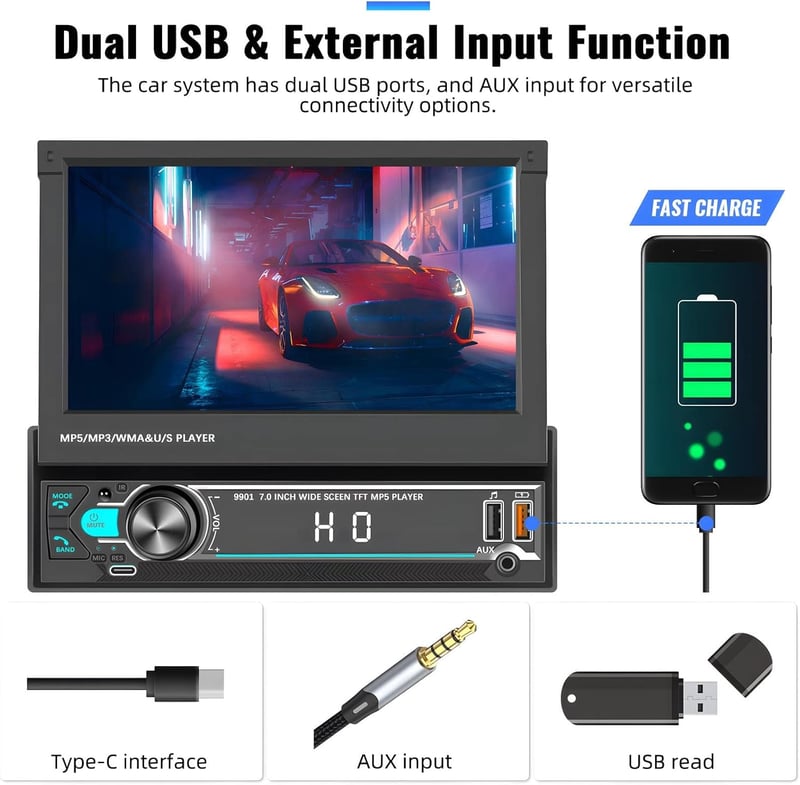 CAMECHO 1 DIN autórádió 7" kijelzővel, Bluetooth, Type-C, USB, TF, FM, visszakamera