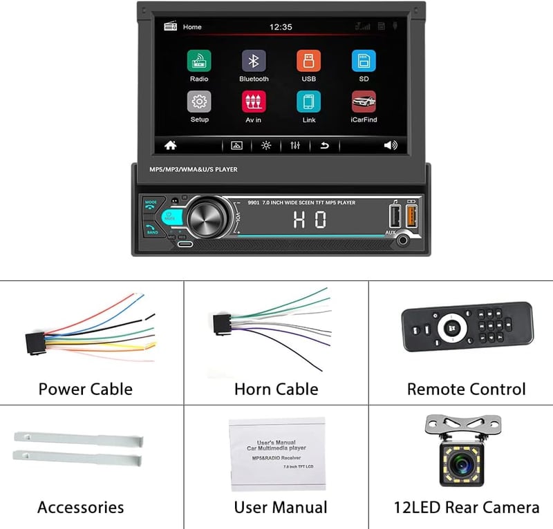 CAMECHO 1 DIN autórádió 7" kijelzővel, Bluetooth, Type-C, USB, TF, FM, visszakamera