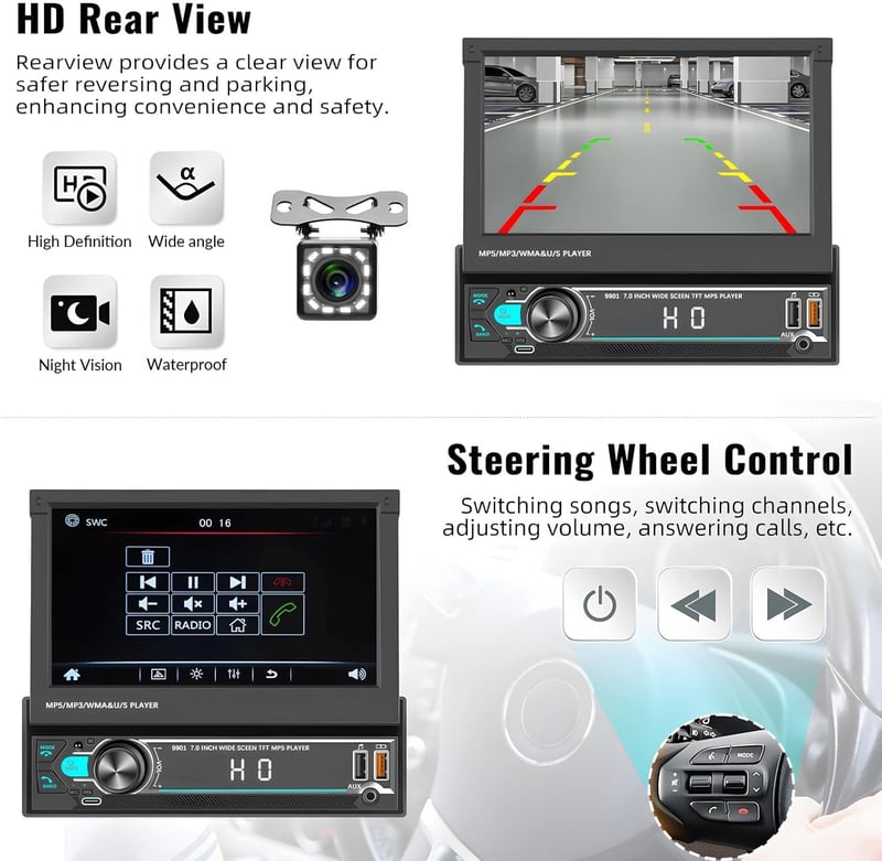 CAMECHO 1 DIN autórádió 7" kijelzővel, Bluetooth, Type-C, USB, TF, FM, visszakamera