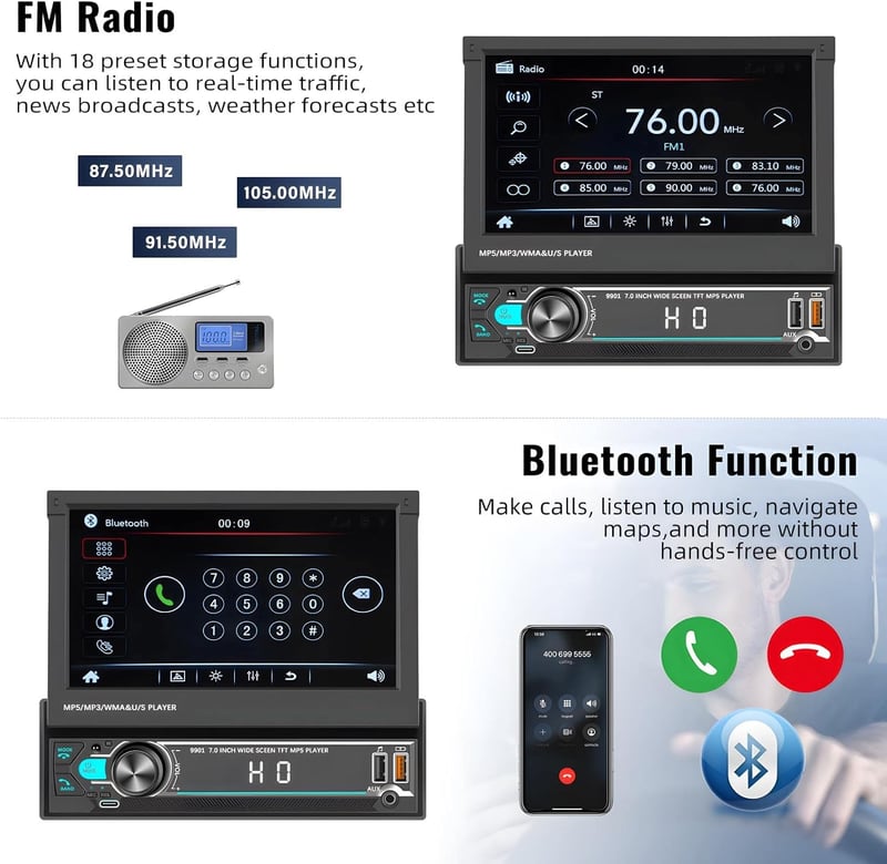 CAMECHO 1 DIN autórádió 7" kijelzővel, Bluetooth, Type-C, USB, TF, FM, visszakamera