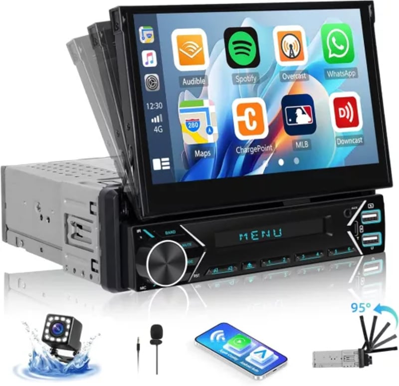 CAMECHO 1 DIN auto radio s bežičnim CarPlay/Android Auto sustavom, 7" izvlačivi zaslon osjetljiv na dodir, Bluetooth 5.0