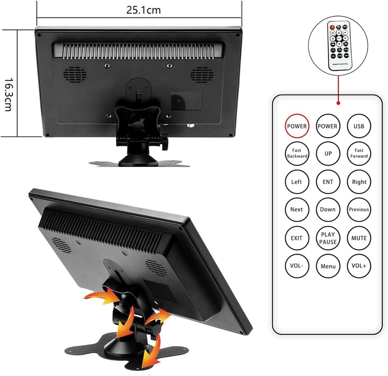 CAMECHO 10.1" Hordozható Monitor HD 1024x600 VGA HDMI USB AV Biztonsági Kamera Rendszerhez