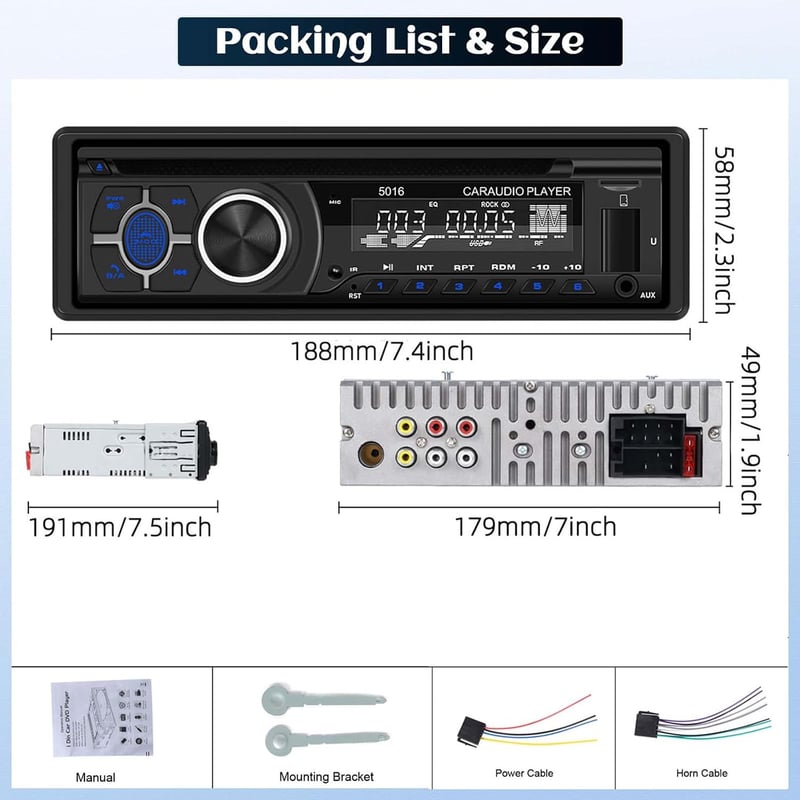 CAMECHO 1DIN autórádió CD DVD lejátszóval Bluetooth 5.1 kihangosítással AM FM EQ Smart Sync alkalmazás USB TF MP3 AUX