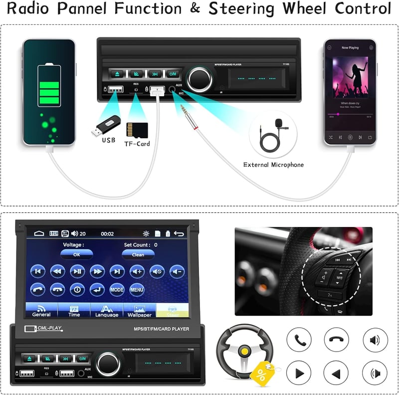 CAMECHO 1DIN Bluetooth autórádió 7" érintőképernyővel USB/AUX/FM/TF/Mirror Link