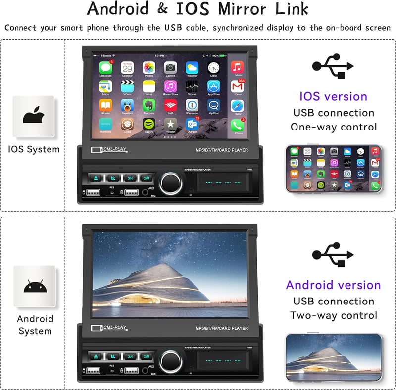 CAMECHO 1DIN Bluetooth autórádió 7" érintőképernyővel USB/AUX/FM/TF/Mirror Link