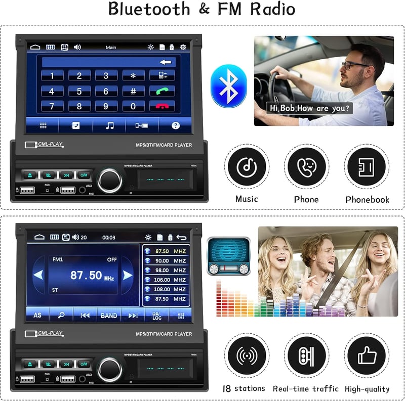 CAMECHO 1DIN Bluetooth autórádió 7" érintőképernyővel USB/AUX/FM/TF/Mirror Link