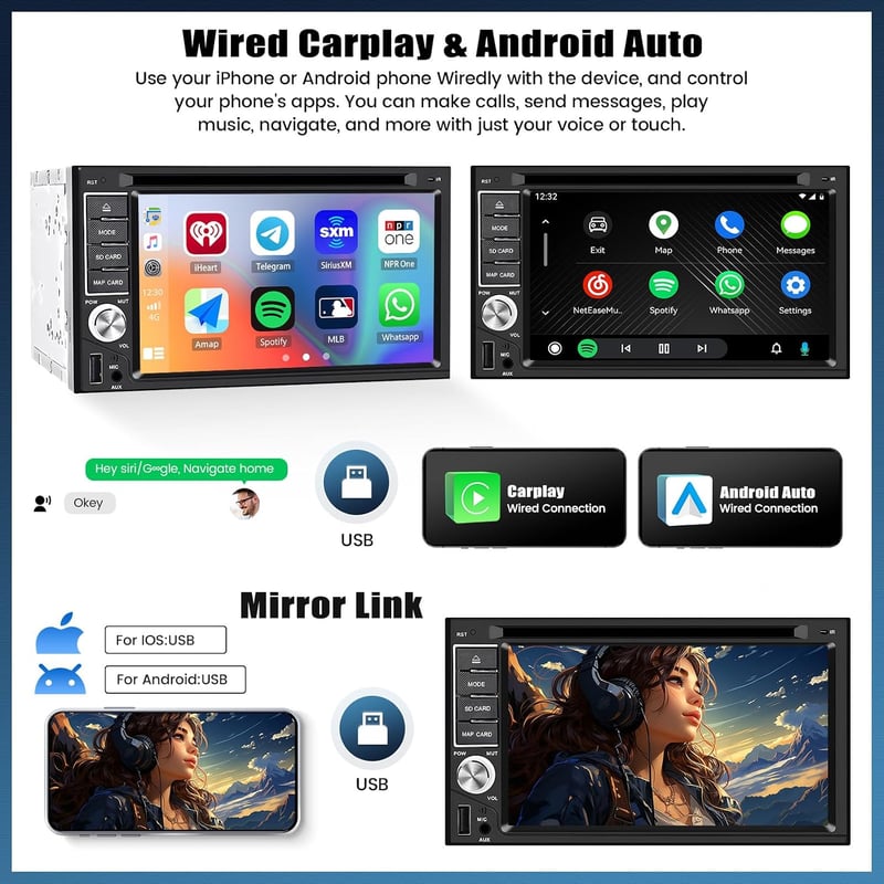 CAMECHO 2 DIN autórádió CD DVD MP5 6.2 hüvelykes érintőképernyő CarPlay Android Bluetooth Mirror Link kormányvezérléssel tolatókamera FM rád