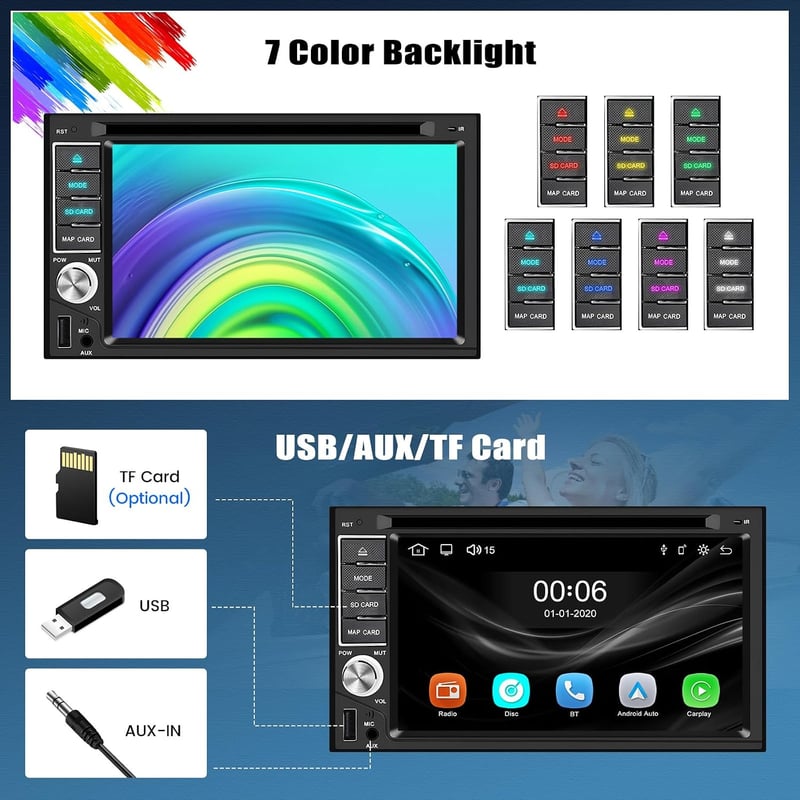 CAMECHO 2 DIN autórádió CD DVD MP5 6.2 hüvelykes érintőképernyő CarPlay Android Bluetooth Mirror Link kormányvezérléssel tolatókamera FM rád