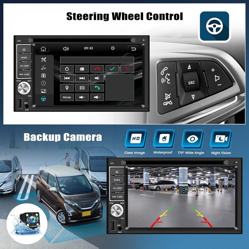 CAMECHO 2 DIN autórádió CD DVD MP5 6.2 hüvelykes érintőképernyő CarPlay Android Bluetooth Mirror Link kormányvezérléssel tolatókamera FM rád